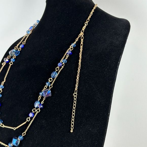 Blue Iridescent Plastic Beads Double Gold Tone Chain Necklace Vintage Style 36" - Picture 6 of 9